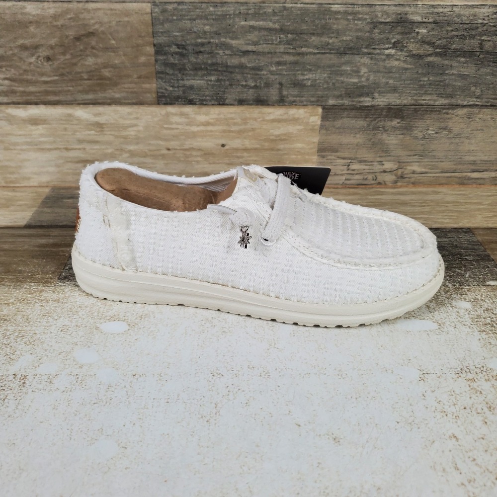 Hey Dude Wendy Frayed Canvas Womens Loafer Shoes Sz 7 Snow White Slip-On Sneaker